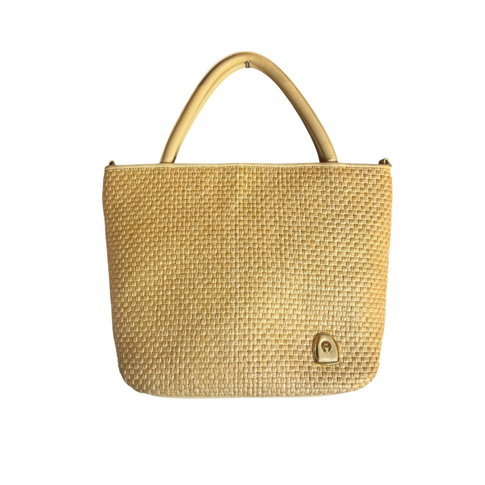 Etienne Aigner Woven Straw Handbag Beige Cream Gold Logo Tote Straw Purse